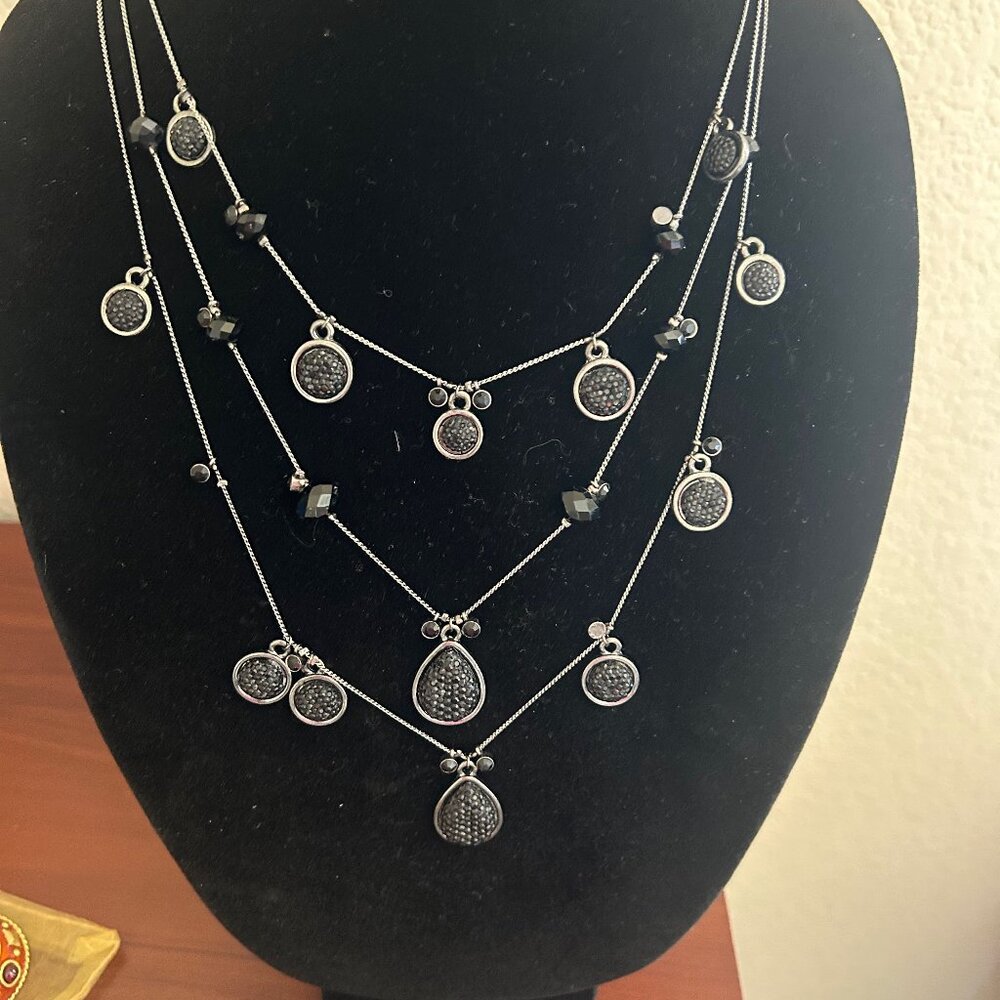 Black Multi-Strand Statement Necklace - Pave Teardrop - Layered Chains